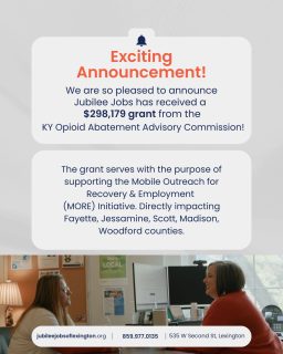 🎉 Big news from Jubilee Jobs!
We are thrilled to announce that Jubilee Jobs has been awarded a $298,179 grant from the KY Opioid Abatement Advisory Commission! 🙌
This funding will launch our Mobile Outreach for Recovery & Employment (MORE) Initiative, bringing our jobs programming to individuals in recovery across Fayette, Jessamine, Scott, Madison, and Woodford counties.
We are so grateful for KYOAAC’s investment in Central Kentucky and the marginalized job seekers we serve every day.

#jubileejobs #lexington