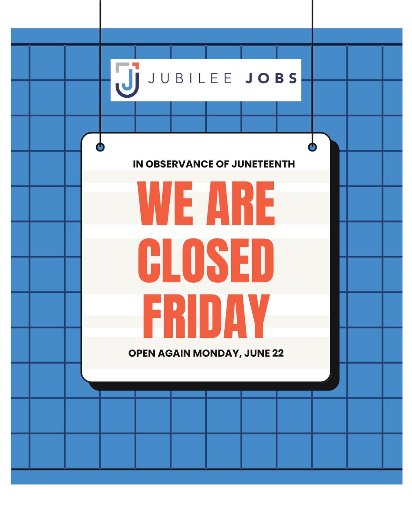 Our office will be closed Friday, June 19 in observance of Juneteenth. We will open again Monday, June 22! 

See you all soon!🙌