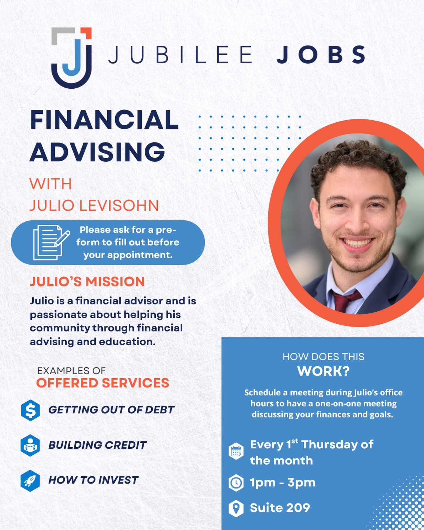 Have questions about your finances? Julio can help! 

📢 Updated Financial Advising Hours: Every 1st Thursday of the month from 1-3pm. 

Stop by THIS THURSDAY to speak with him about any questions you may have concerning debt, building credit, how to invest, and more. 💵💼